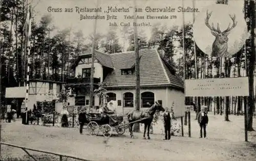 Ak Eberswalde in der Mark, Restaurant Hubertus am Eberswalder Stadtsee, Kutsche, Hirsch