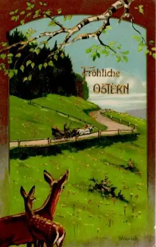 Künstler Ak Mailick, Glückwunsch Ostern, Rehe, Kutsche, Birke