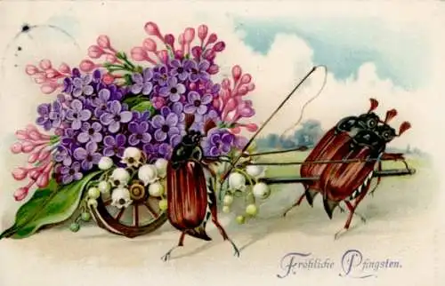 Ak Glückwunsch Pfingsten, Maikäfer, Karren, Blumen, Maiglöckchen