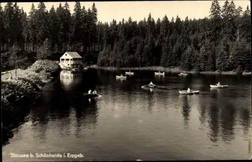 Ak Schönheide im Erzgebirge Sachsen, Partie am Stausee, Ruderboote