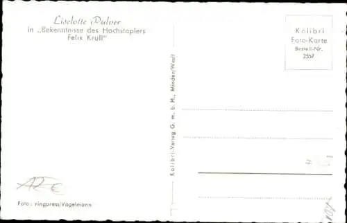 Ak Schauspielerin Liselotte Pulver, Portrait, Bekenntnisse des Hochstaplers Felix Krull, Autogramm