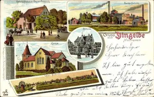 Litho Dingelbe Schellerten in Niedersachsen, Kirche, Zuckerfabrik, Geschäftshaus