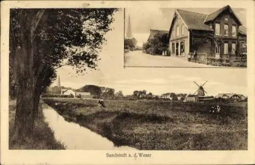 Ak Sandstedt Hagen im Bremischen, Fluss, Windmühle, Gasthaus