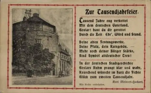 Ak Goslar am Harz, Gedicht Zum Tausendjahrfeier von Karl Meinert-Heckert