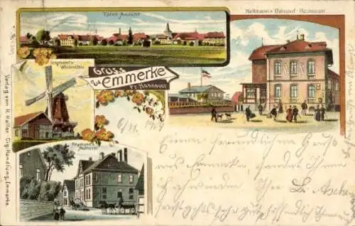 Litho Emmerke Giesen in Niedersachsen, Windmühle, Hollmanns Bahnhof-Restaurant, Molkerei