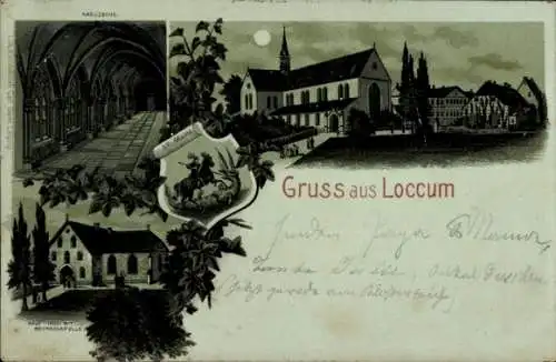 Mondschein Litho Rehburg Loccum in Niedersachsen, Georgskapelle, Kreuzgang