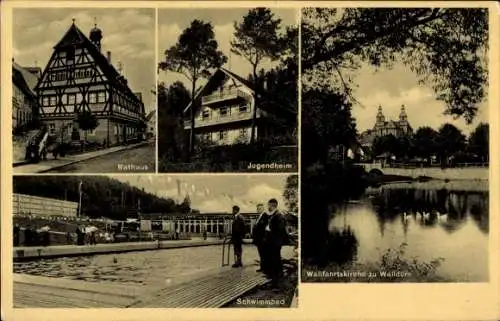 Ak Walldürn im Odenwald Baden, Rathaus, Jugendheim, Schwimmbad, Wallfahrtskirche