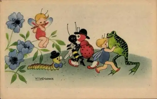 Künstler Ak Schermele, W., Tanzende Feen und Tiere, Frosch, Marienkäfer