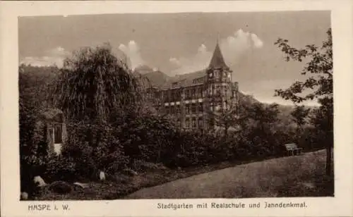 Ak Haspe Hagen Westfalen, Stadtgarten, Realschule, Jahndenkmal