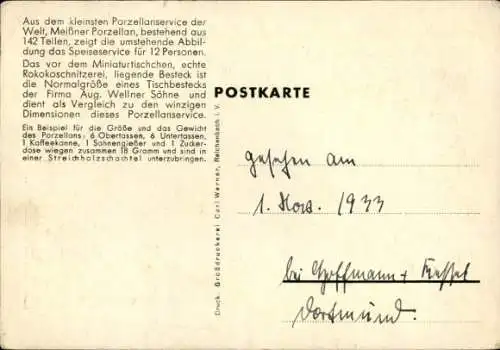 Ak Das kleinste Porzellanservice der Welt, Meißner Porzellan