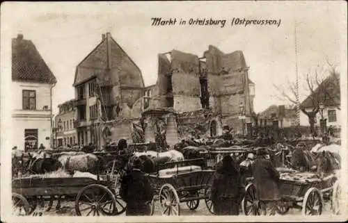 Ak Szczytno Ortelsburg Ostpreußen, Ruinen am Markt, Fuhrwerke, Ostpreußenhilfe