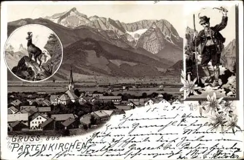 Litho Garmisch Partenkirchen in Oberbayern, Wanderer in Tracht, Gämse, Landschaftsblick