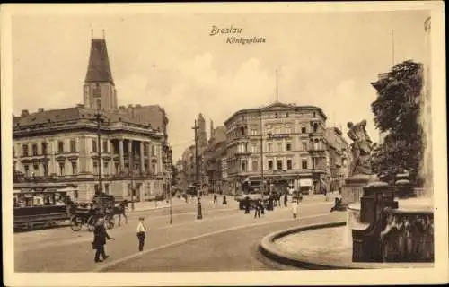 Ak Wrocław Breslau Schlesien, Königsplatz, Straßenbahn