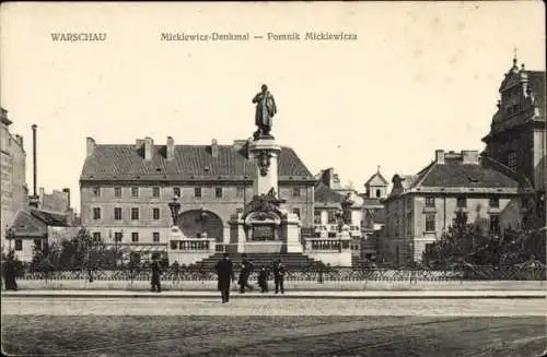 Ak Warschau Polen, Blick auf das Mickiewicz Denkmal, Straßenpartie