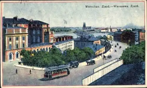 Ak Warszawa Warschau Polen, Zjazd, Straßenpartie in der Stadt, Straßenbahn