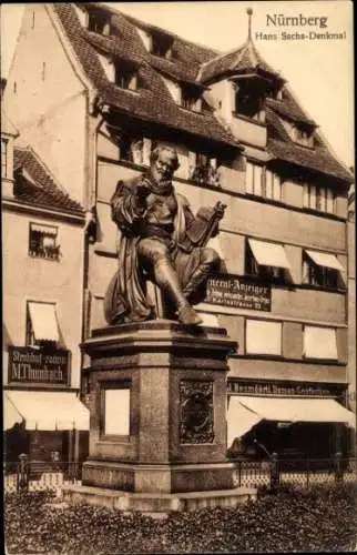 Ak Nürnberg in Mittelfranken, Hans-Sachs-Denkmal, Strohhut-Fabrik M. Thurnbach