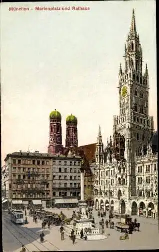 Ak München, Marienplatz, Rathaus, Straßenbahn, Denkmal