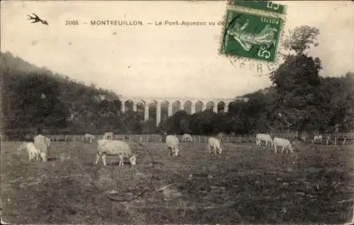 Ak Montreuillon Nièvre, Pont Aqueduc, grasende Kühe