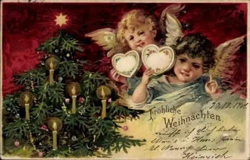 Litho Glückwunsch Weihnachten, Engel, Tannenbaum