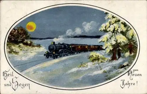 Passepartout Ak Glückwunsch Neujahr, Eisenbahn, Tannenbäume, Schnee, Mond