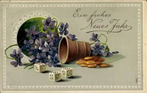 Präge Ak Glückwunsch Neujahr, Würfel, Veilchen, Geld