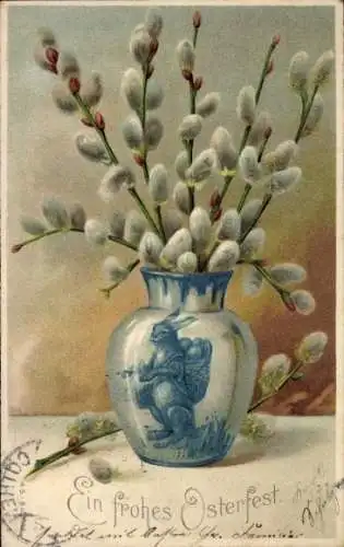 Präge Litho Glückwunsch Ostern, Weidenkätzchen in der Blumenvase