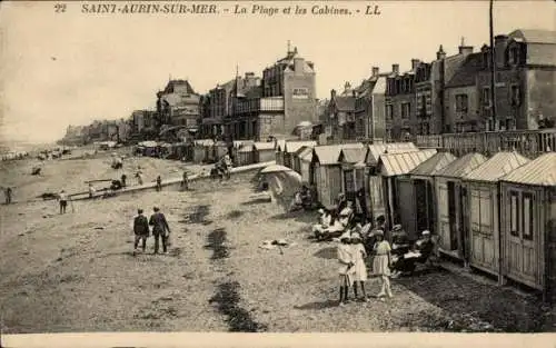 Ak Saint Aubin sur Mer Calvados, Strand, Kabinen