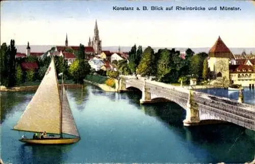 Ak Konstanz am Bodensee, Rheinbrücke und Münster, Segelboot