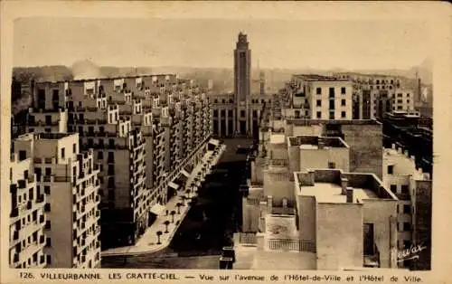 Ak Villeurbanne Rhône, Gratte Ciel, Vue sur l'avenue de l'Hotel de Ville, Rathaus