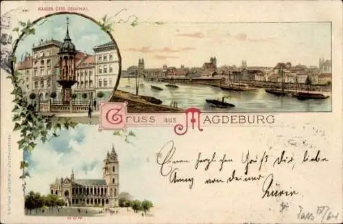 Litho Magdeburg, Gesamtansicht, Dom, Kaiser Otto Denkmal