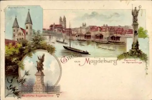 Litho Magdeburg, Marienkirche, Denkmal im Herrenkruge, Neustädter Siegesdenkmal