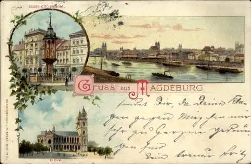 Litho Magdeburg, Gesamtansicht, Dom, Kaiser Otto Denkmal