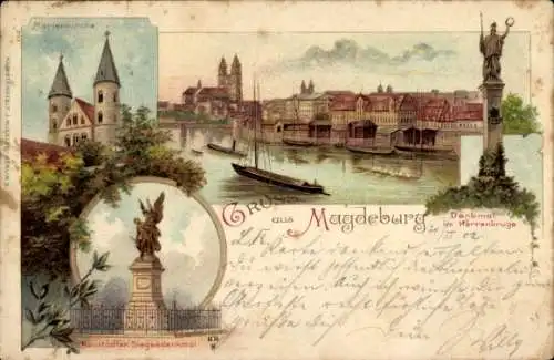 Litho Magdeburg, Marienkirche, Denkmal im Herrenkruge, Neustädter Siegesdenkmal