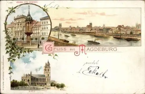 Litho Magdeburg, Gesamtansicht, Dom, Kaiser Otto Denkmal