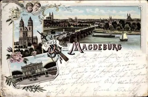 Litho Magdeburg in Sachsen Anhalt, Bahnhof, Dom, Brücke, Flusspartie, Engel