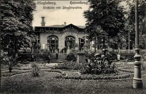 Ak Magdeburg an der Elbe, Restaurant Herrenkrug, Außenansicht, Westseite, Jünglingsplatz, Besucher