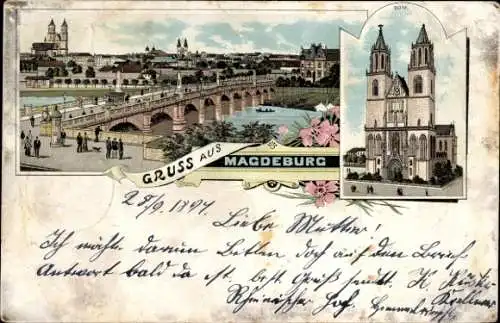 Litho Magdeburg, Dom, Stadtpanorama, Brücke