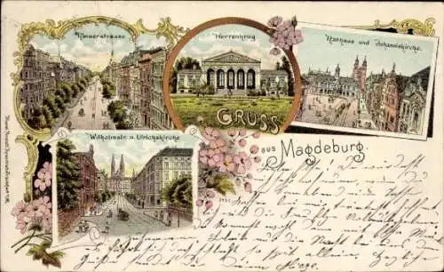 Litho Magdeburg, Kaiserstraße, Herrenkrug, Rathaus, Johanniskirche, Wilhelmstraße, Ulrichskirche