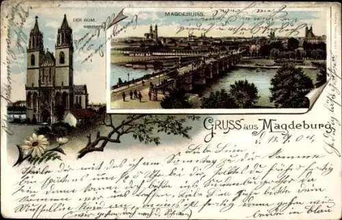 Litho Magdeburg an der Elbe, Dom, Blick auf den Ort