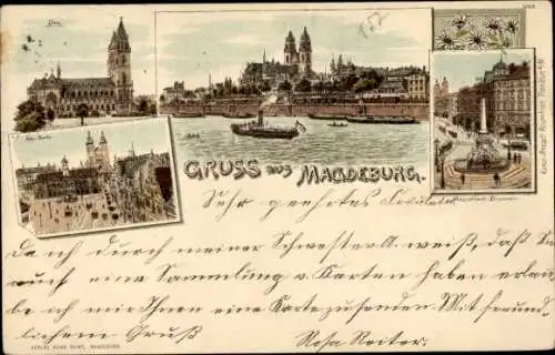 Litho Magdeburg an der Elbe, Dom, Marktplatz, Brunnen, Stadtpanorama