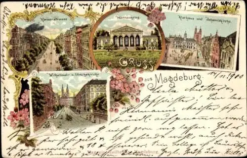 Litho Magdeburg an der Elbe, Herrenkrug, Rathaus, Johanniskirche