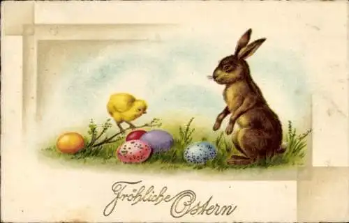 Ak Glückwunsch Ostern, Osterhase, Küken, Ostereier