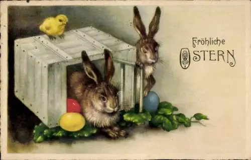 Ak Glückwunsch Ostern, Osterhasen, Küken, Ostereier, Käfig