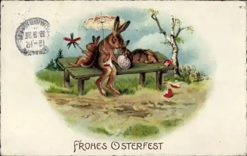 Ak Glückwunsch Ostern, Osterhasen, Osterei, Sonnenschirm