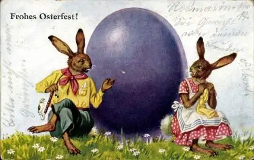 Ak Glückwunsch Ostern, Osterhasenpaar mit Osterei, Pfeife, Strickzeug