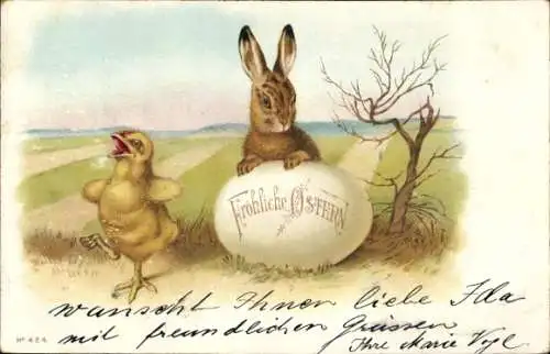 Litho Glückwunsch Ostern, Osterhase, Osterei, Küken