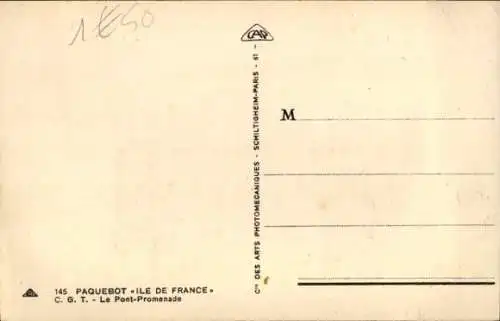 Ak Passagierschiff Ile de France, CGT, Promenadendeck