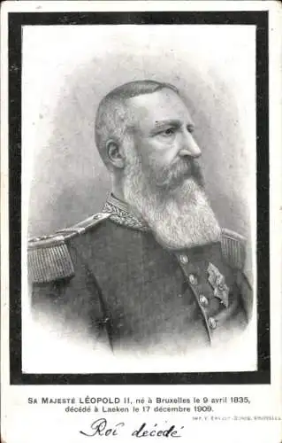 Ak König Leopold II. von Belgien, Portrait, Trauerkarte zum Tod 1909