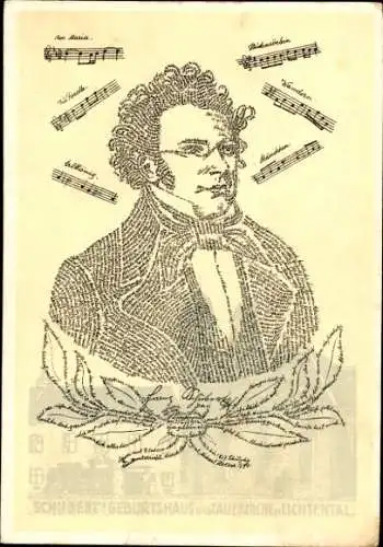 Künstler Ak Franz Schubert, Österreichischer Komponist, Portrait aus Schriftzeichen, Jubiläum 1928