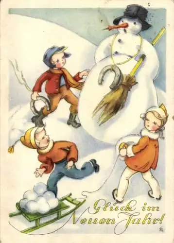 Künstler Ak Fröhliches Neujahr, Schneemann, Kinder mit Schlitten, Hufeisen